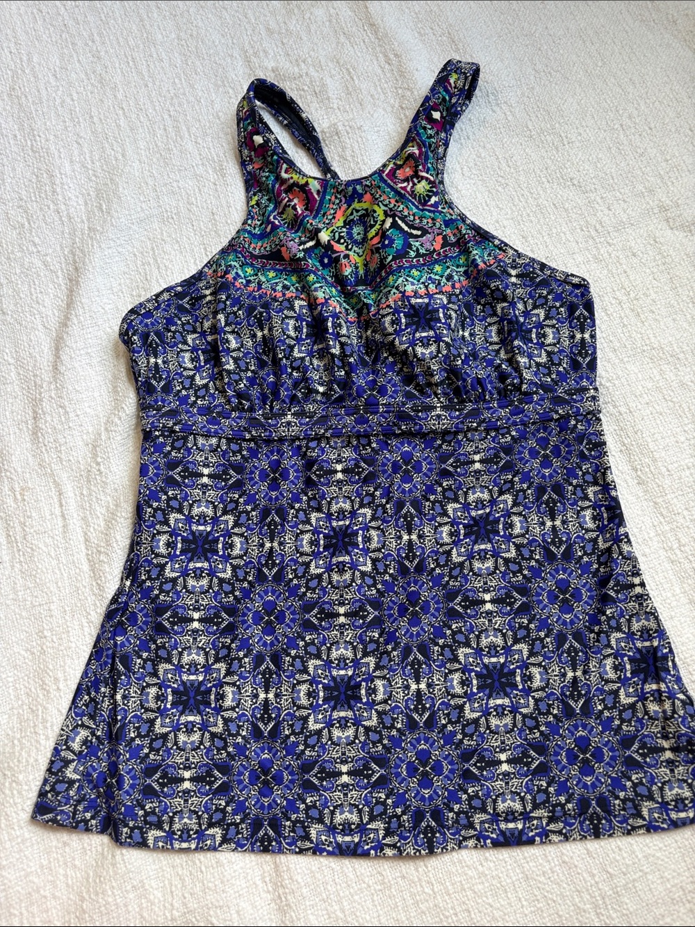 Athleta Blue Mosaic Racerback Swim Tank with Multicolor Yoke